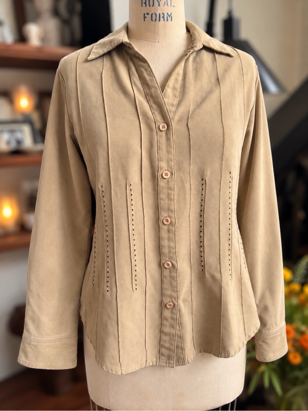 Faux Suede Tan Blouse Pintuck Stitching Button Front Petite M